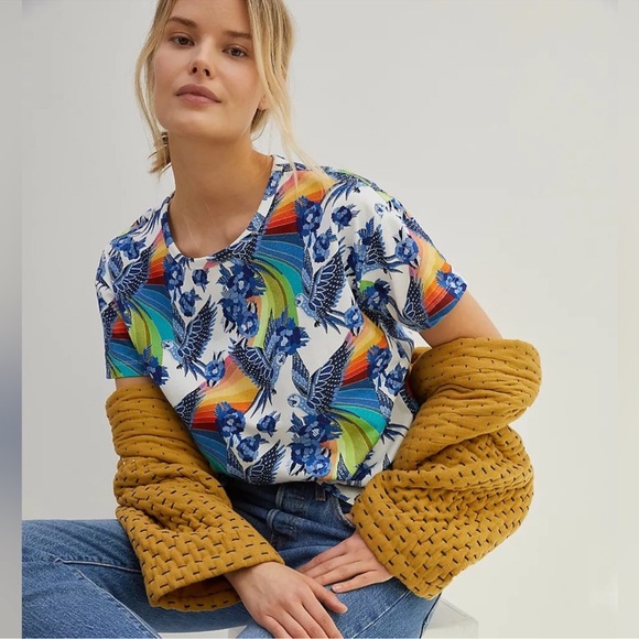 FARM Rio Aves Graphic T-shirt Women Sz. L Safari Birds Parrots Rainbow Tropical - Picture 1 of 14